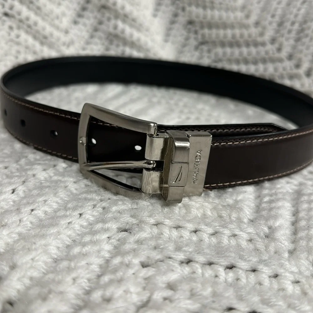 Nautica dark brown faux leather,  metal buckle belt, dress or casual wear.
